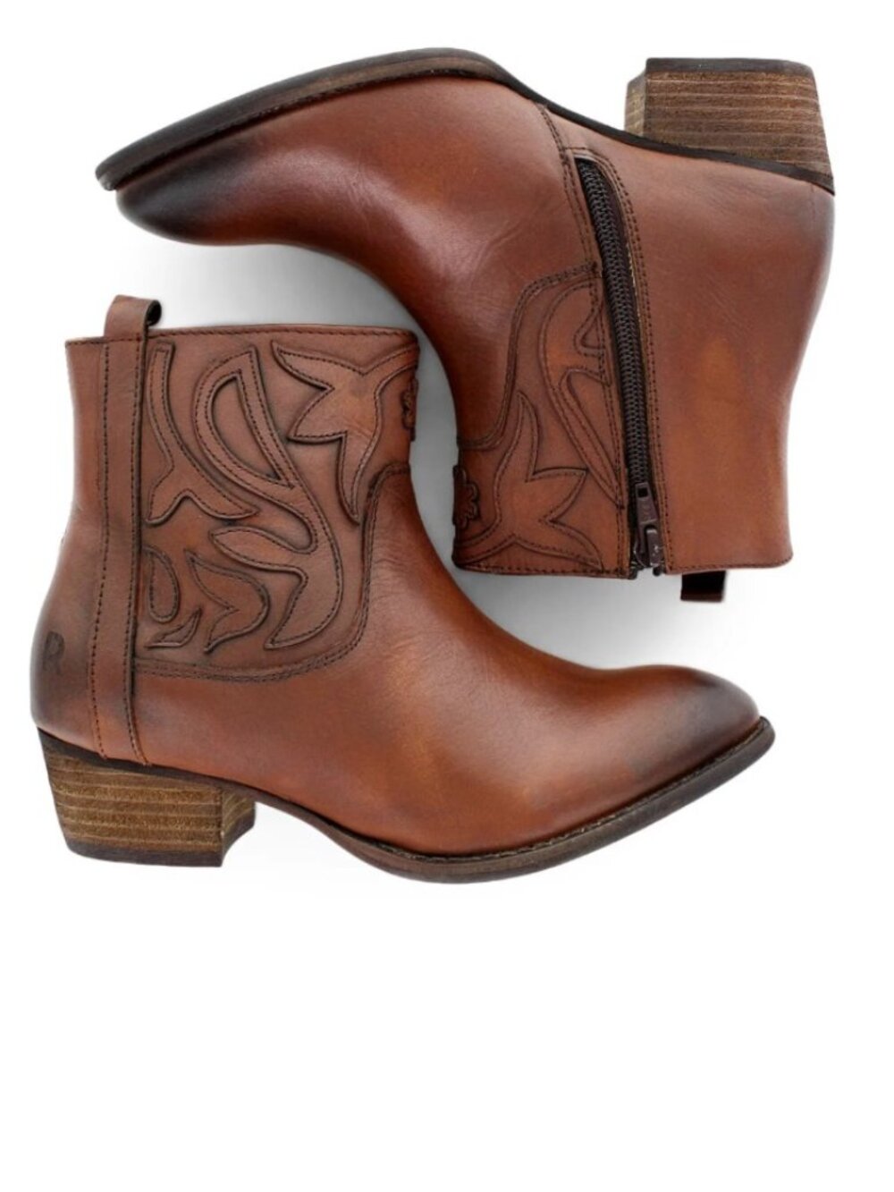 Roan Elisa Burnished Rustic Leather Cowboy Ankle Booties Brown Sz 10
